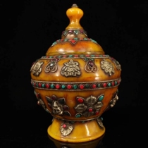 Guyi Xuan old beeswax inlaid with gems Auspicious Eight Treasures pinching silk multi treasure jar