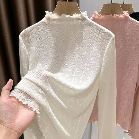 半高领提花蕾丝打底衫女2025新款春秋洋气内搭木耳边网纱t恤