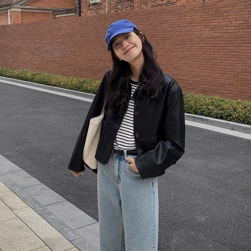 Короткая черная полиуретановая демисезонная ретро куртка, подходит для подростков