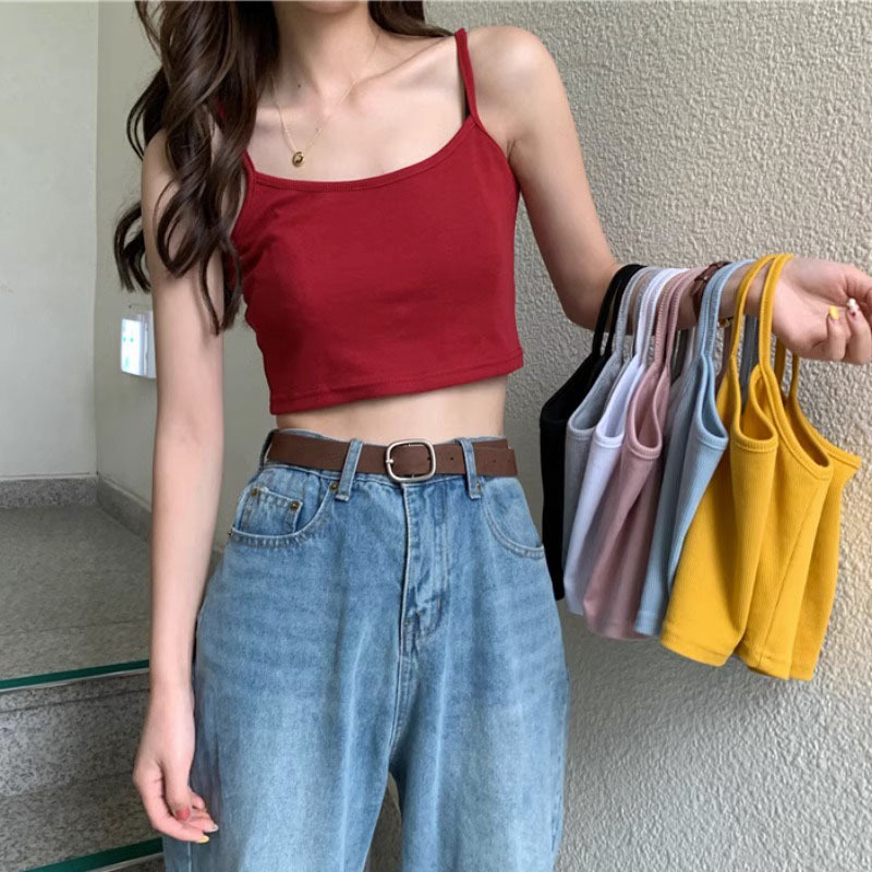 Hong Kong Style Summer Knitted Camisole for Women, White Trendy Sleeveless Short Top with Beautiful Back Design