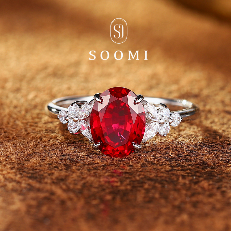 【Soomi Flame Shadow】Ruby Ring 2.5Ct Cultivated Pigeon Blood Red Gemstone Women's Ring 925 Silver Oval Style