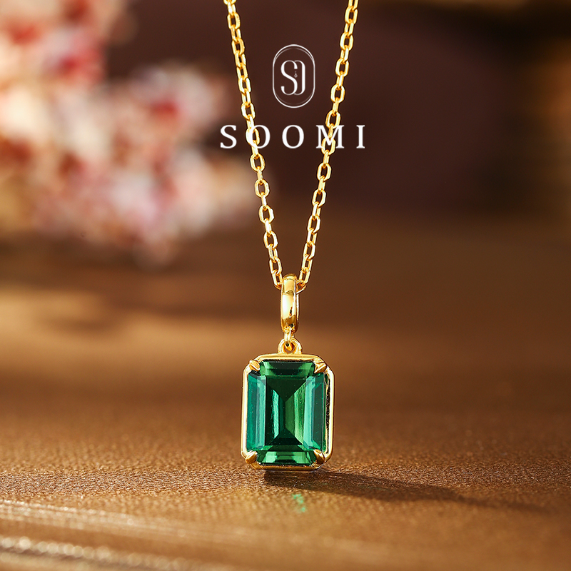 [ラッキースター] 2カラット ラボグロウンエメラルドネックレス ユニバーサルバックル デイリーシンプルペンダント 925シルバー レディース