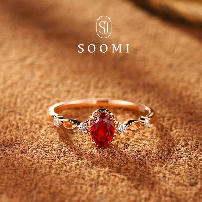 [Soomi Sunset Red] 925 Silver 0.7Ct Cultured Pigeon Blood Ruby Ring, Retro Versatile Everyday Ring