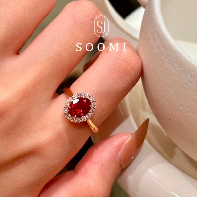 【Soomi】Red Ruby Ring 1.2Ct Cultivated Gemstone Burmese Pigeon Blood Red Princess Diana Silver Setting Women's Ring