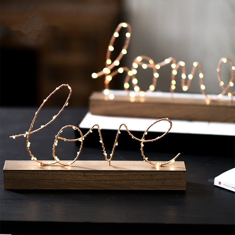 Nordic INS creative home accessories decoration bedroom bedside wrought iron wooden bottom love letter night light decoration
