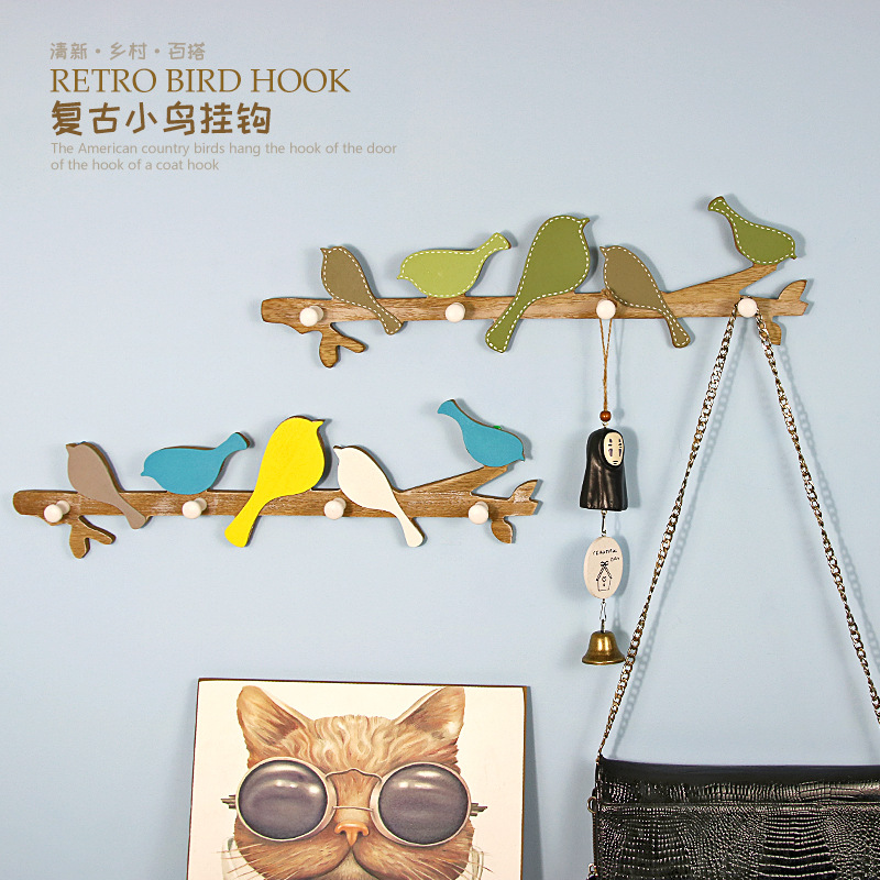American country bird hook wooden wall key coat hook creative porch wall wall hanging decorative coat rack