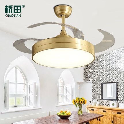 All copper frequency conversion ceiling fan lamp European and American style minimalist living room home fan lamp bedroom intelligent voice lamp fan package installation