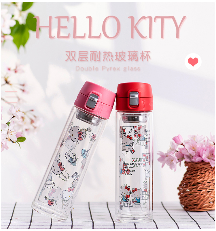 Music Buckle buckle Hello Kitty cute cartoon double layer heat resistant glass tea cup student mug