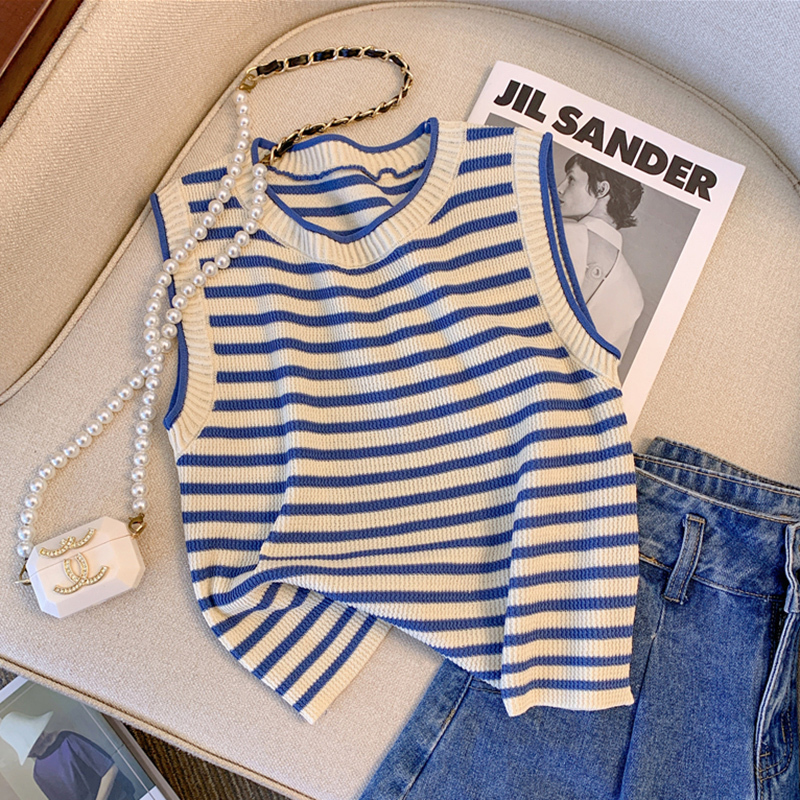 Clearance Bargain~ Summer Color-Block Striped Knit Vest for Women, Stylish Short Sleeveless Ice Silk Top, Trendy