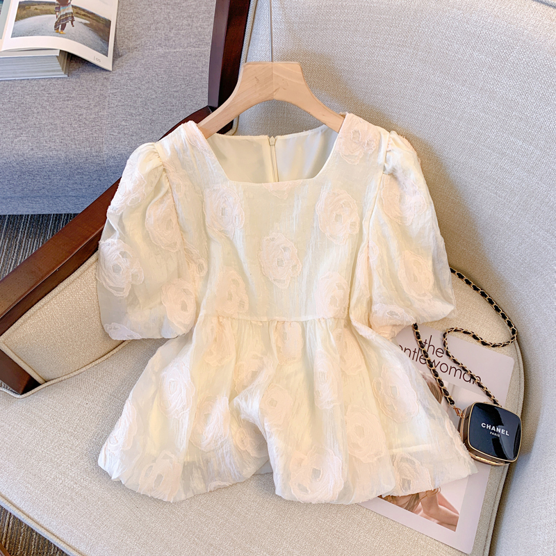 High-End Department Store Withdraws Big-Name Women's Summer Three-Dimensional Floral Puff-Sleeve Chiffon Blouse with Unique Design