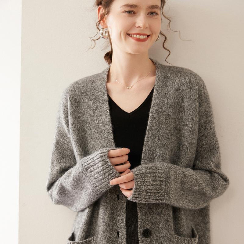 Lazy Style Heavy Thick Floral Yarn Cashmere Cardigan for Women, V-Neck Sweater Coat, Mid-Length Wool Knit, Loose Fit