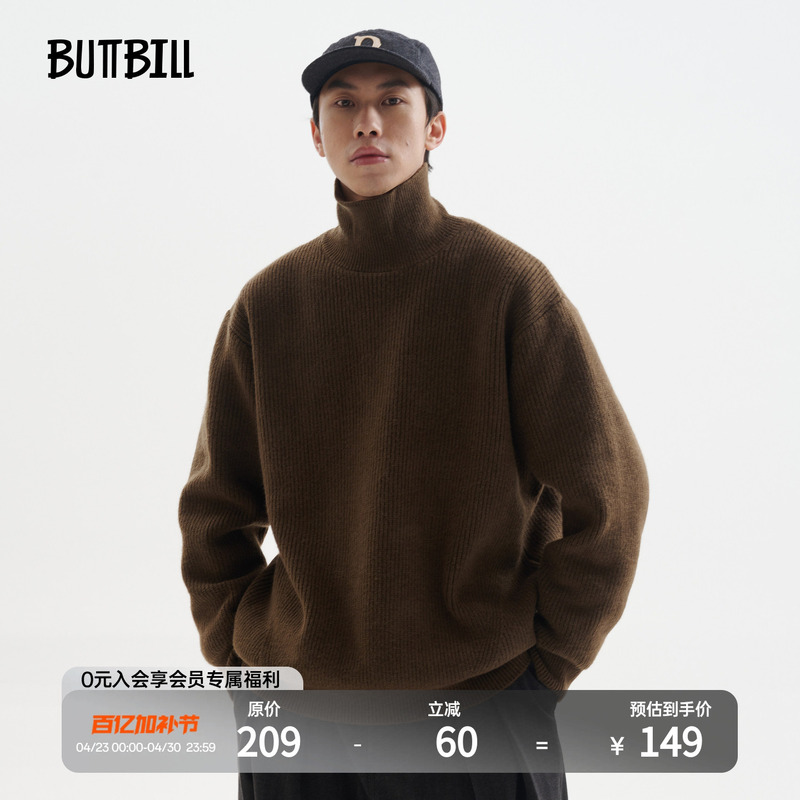Buttbill Retro Heavyweight 830g Turtleneck Knitwear Couple's Knit Top Base Layer Japanese Style Sweatshirt