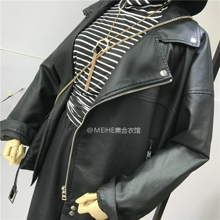 Vành đai dài tay áo khoác da Hàn Quốc phiên bản của mùa xuân và mùa thu mới lỏng kích thước lớn hoang dã áo khoác xe gắn máy áo triều áo khoác da nữ xịn
