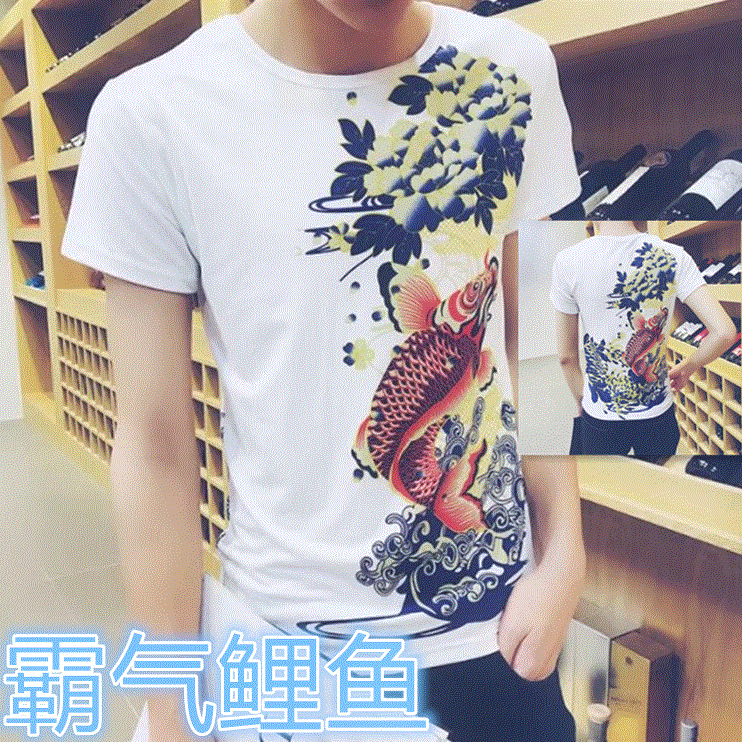 夏季男士短袖t恤纯棉立领霸气龙纹身印花图案有领带领男装上衣服