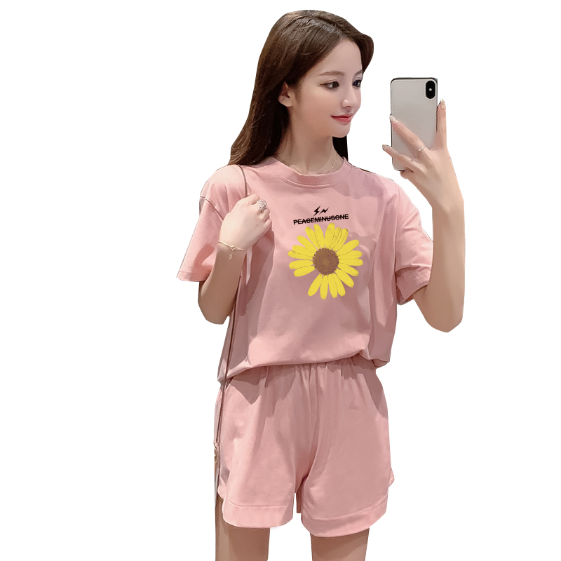 Red Harbour Summer Net Gió Ins Tide ngắn tay áo Quần soóc Sinh viên ít Daisy Sports Set nữ Slack Casual hai mảnh Set