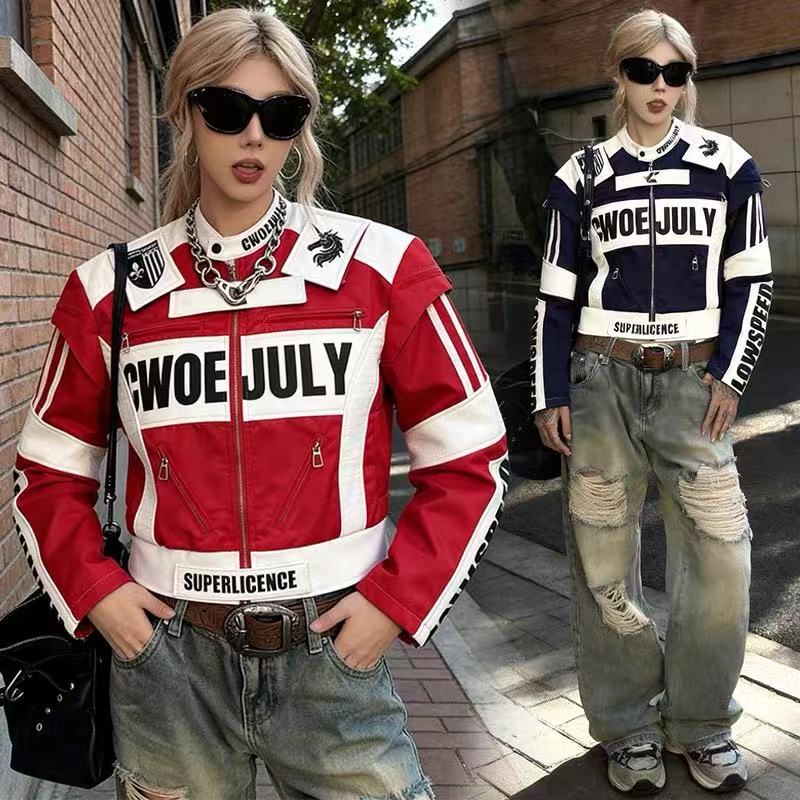 Hot Girl's Heavy-Duty Oversized Color-Blocked Leather Racing Jacket Motorcycle Coat for Women, Spring and Autumn Niche Design Short Leather Jacket Hot Girl's Heavy-Duty Oversized Color-Blocked Leather Racing Jacket Motorcycle Coat for Women, Spring and Autumn Niche Design Short Leather Jacket