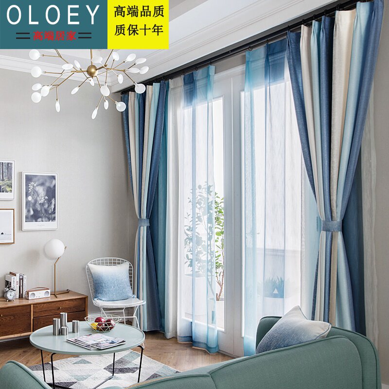 Light extravagant curtains finished product minimalist modern Nordic shading Custom Living Room Bedroom Blue Mediterranean Stripes-Taobao