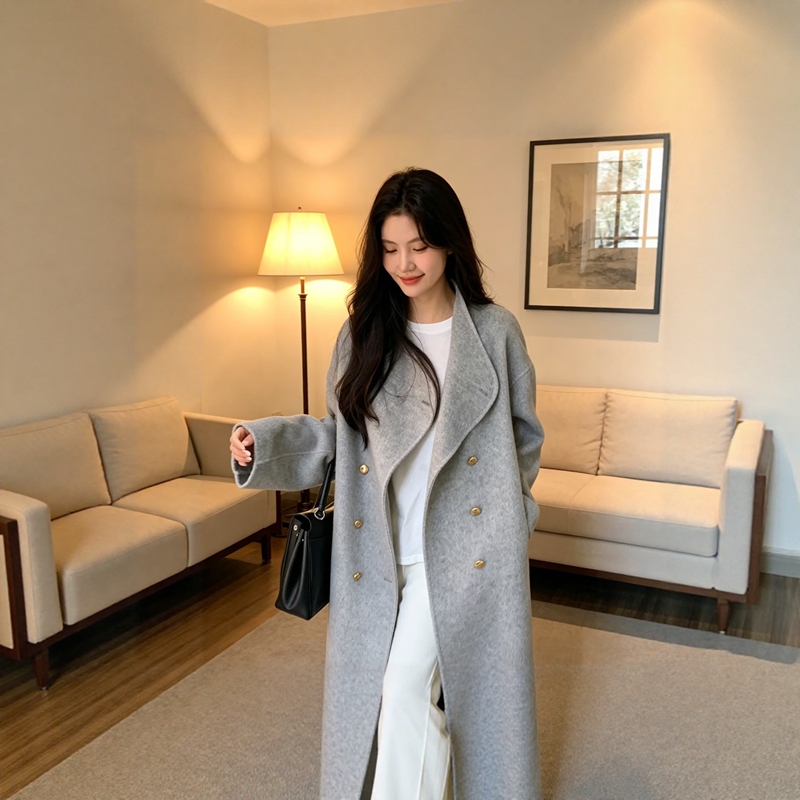 Gray Double-Sided Woolen Woolen Coat for Women 26 Autumn and Winter New Korean Style Loose Mid-Length Classy Woolen Coat