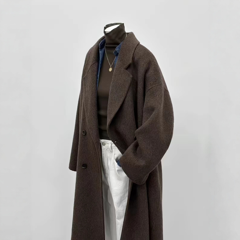 Maillard Brown Coffee Color Double-Sided Wool Coat for Women, New Mid-Length Korean Style Loose Black and Gray Woolen Coat