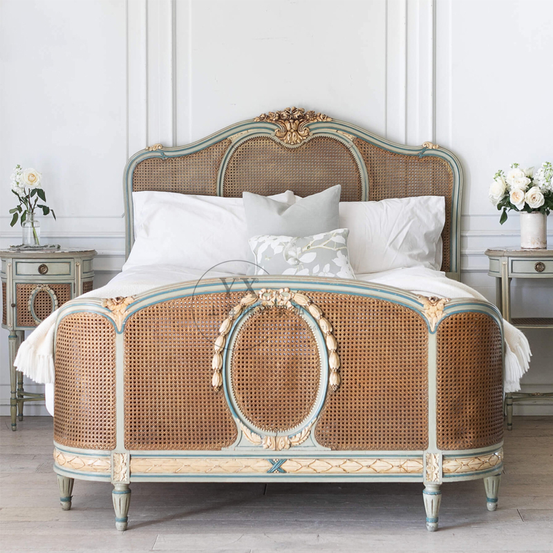 Fan-style vine-made solid wood bed American exit high end made of old retro high back princess bed 1 8 2 2 m large bed-Taobao