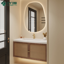 Retro Corian one-piece basin rattan bathroom cabinet combination hand washbasin washbasin wood style customization