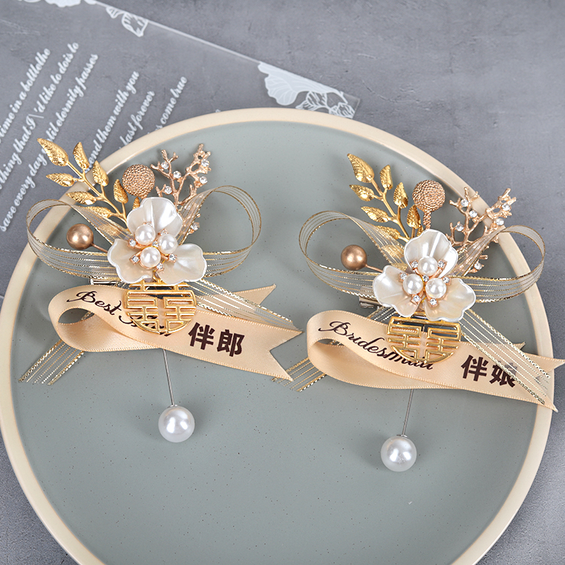 Champagne groom bride wedding chest flower bridegroom bridesmaid blue brooch wedding expensive guest flap with custom