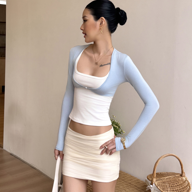 Audwyn Stretch Knit V-Neck Open-Front Long-Sleeve Layered Style Waist-Revealing Short Cardigan in Two Colors with X-Shaped Slim-Fit Sleeves