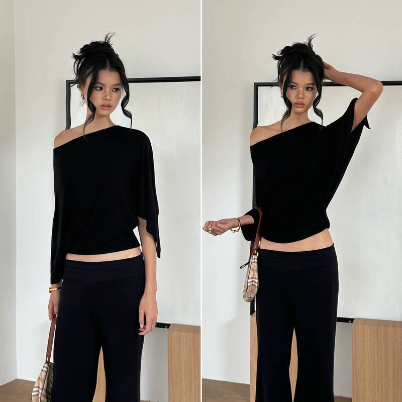 Audwyn Relaxed Batwing Sleeve Top for Women, Tencel Wool, Slimming, Asymmetrical Sloping Shoulder, Black Shawl, Mid-Sleeve T-Shirt Audwyn Relaxed Batwing Sleeve Top for Women, Tencel Wool, Slimming, Asymmetrical Sloping Shoulder, Black Shawl, Mid-Sleeve T-Shirt