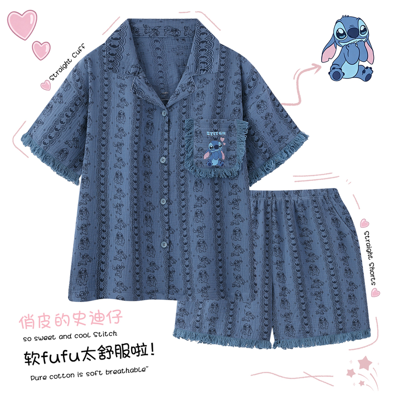 Stitch Pure Cotton Pajamas for Women, Summer Short-Sleeved Thin Style, Cartoon Cute Style, 100% Cotton Summer Loungewear Set Stitch Pure Cotton Pajamas for Women, Summer Short-Sleeved Thin Style, Cartoon Cute Style, 100% Cotton Summer Loungewear Set