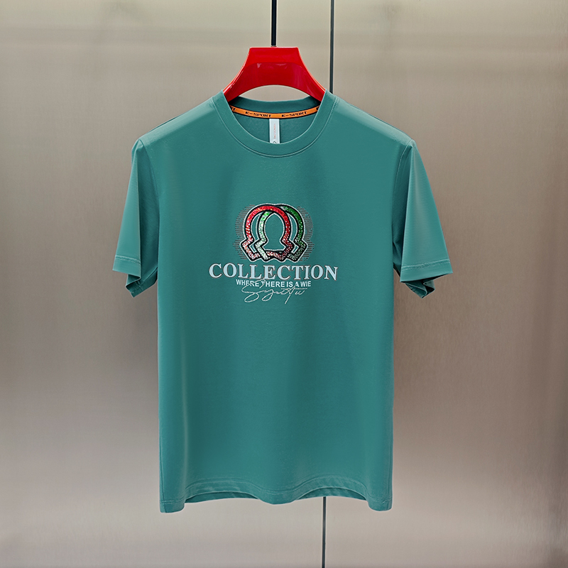 Italian High-End Light Luxury Summer New Men's Short-Sleeve Round-Neck T-Shirt, Men's Ice-Feel Lyocell Mercerized Cotton Half-Sleeve T-Shirt