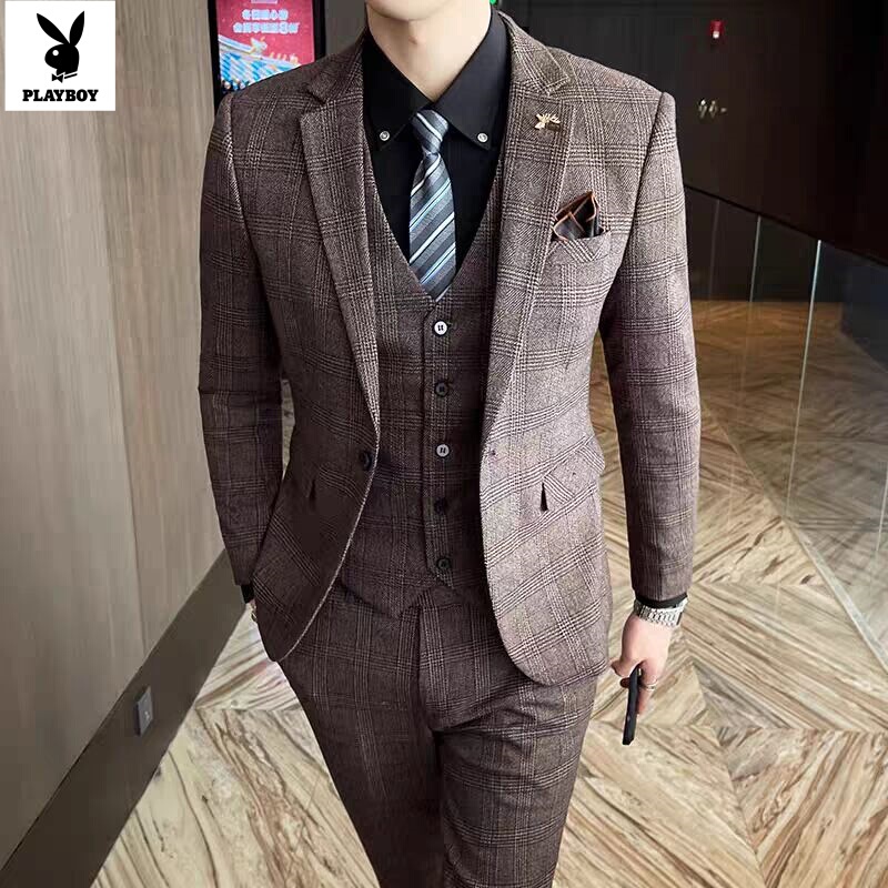 Playboy Suit Set for Men, British Style Casual Plaid Non-Iron Jacket, Business Slim Fit Groom Wedding Suit