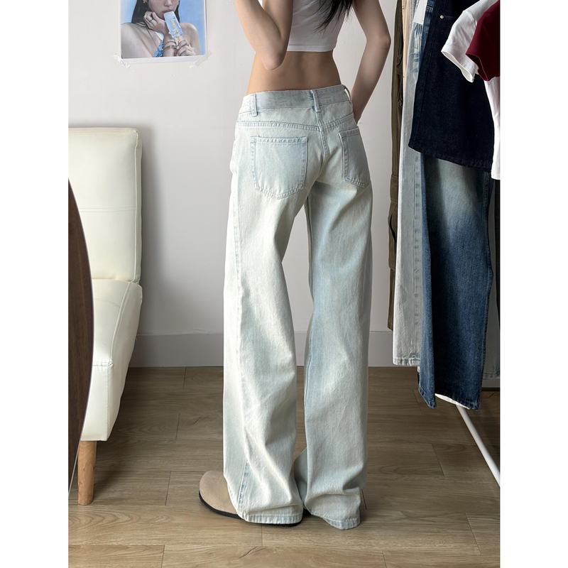 American-Style Spicy Girl Low-Rise Light Blue Jeans for Women, XS Petite Size, Makes You Look Taller and Slimmer, Narrow Wide-Leg Straight Pants