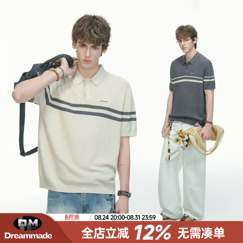 Dream Made Lyocell Tencel Linen Striped Polo Shirt Short-Sleeved Men's Summer Knitted T-Shirt