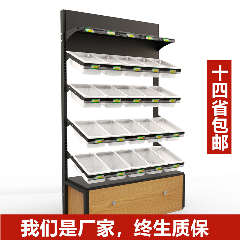 Steel wood snack shelf convenience store supermarket storage display rack bulk snack food shelf cabinet display cabinet