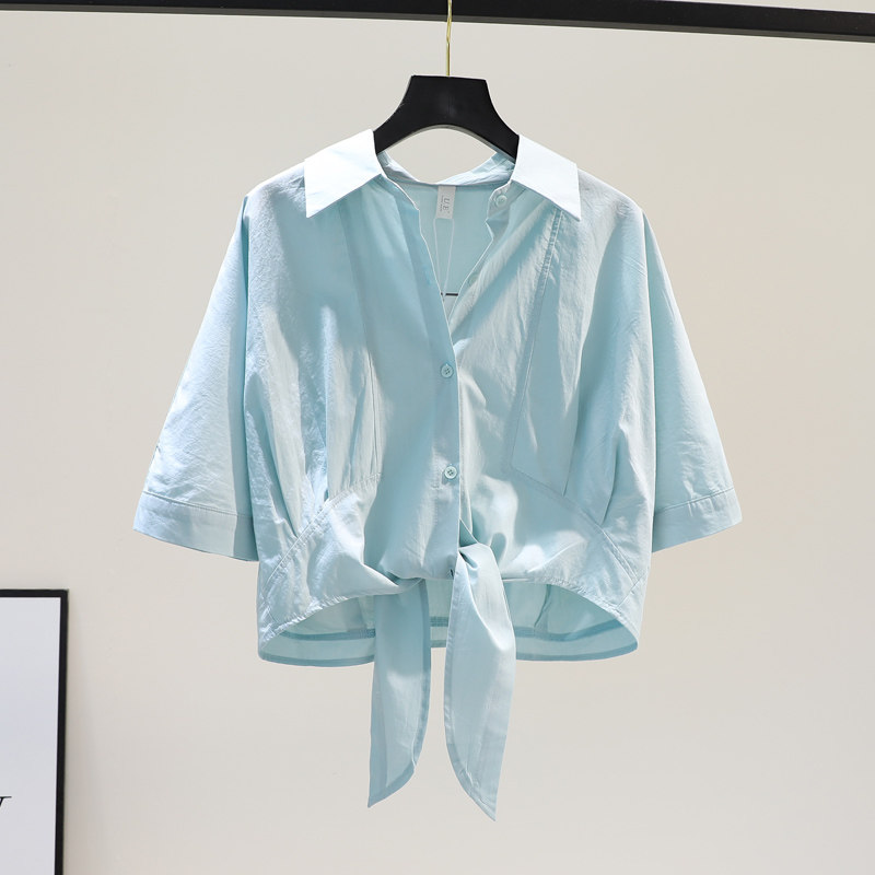 2022 summer new Korean version 100 lap down swing knot tie lacing short version shirt woman loose display slim shirt short sleeve blouse