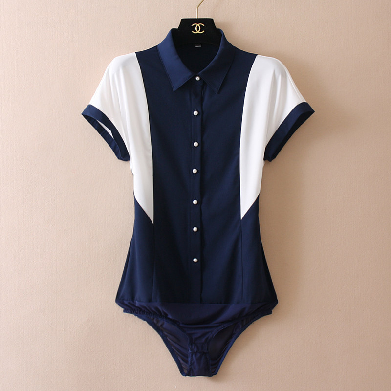 2022 summer new Korean version of the high-end one-piece professional shirt female pearl button Western style contrast color OL thin chiffon shirt