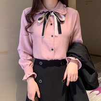 Lamp Core Suede Foreign Air Lacing Necktie Shirt Woman 2022 Autumn Winter New Korean version Fashion retro plus suede pink lining
