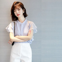 Ruffled niche short-sleeved shirt womens 2022 summer new Korean version fashion all-match thin striped shirt top
