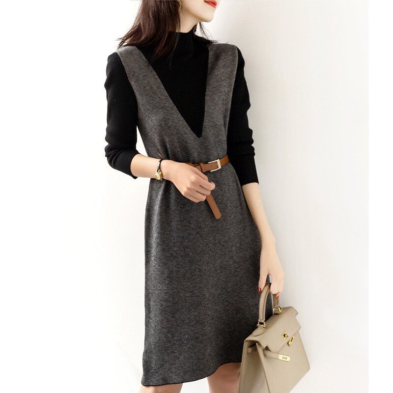 Korean fashion splicing fake two knitted wool dresses 2022 new slim half - collar dress