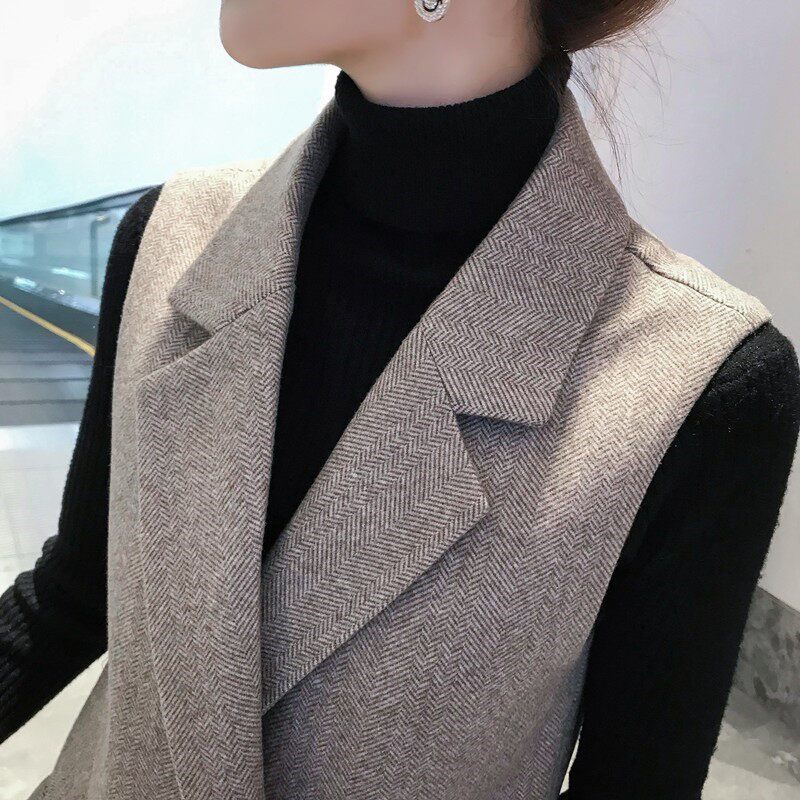 2022 autumn and winter new Korean style fashion outerwear wool vest ladies all-match mid-length suit collar large size coat