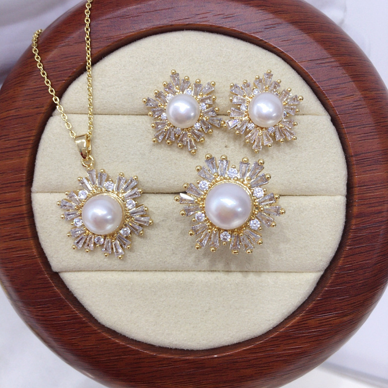 5A Grade High-Gloss Natural Freshwater Pearl Pendant Earrings Ring High-End Zircon Snowflake Pearl Set