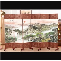  Fixed mobile base grass rattan fabric double-sided screen partition living room folding screen simple solid wood