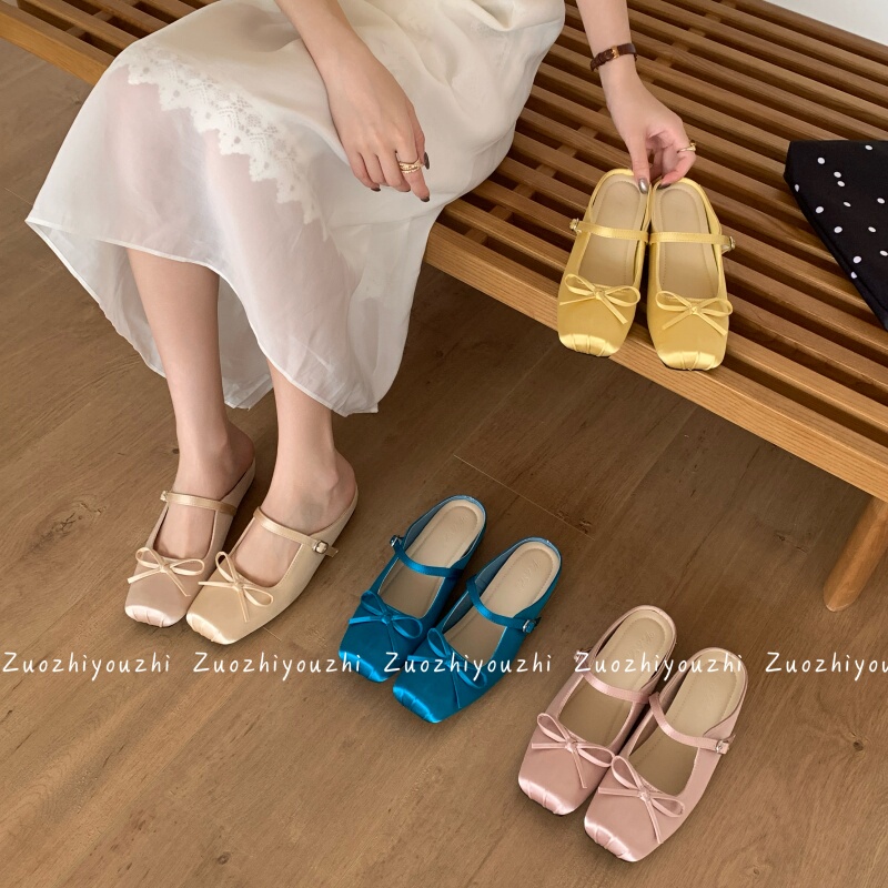French-Style Gentle 3cm Hidden Heel Mules with Closed Toe, 2026 Summer New Satin Ballet Slippers, Fairy Sandals