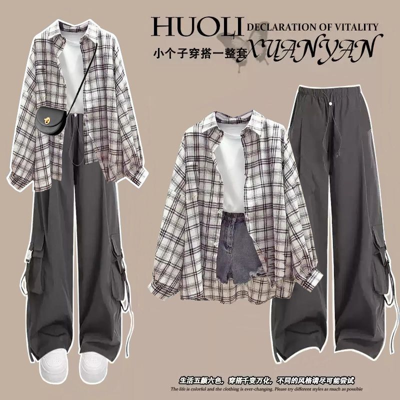 Summer Fashion Suit for Female Students, Korean Style Sun Protection Plaid Long-Sleeved Shirt + Short-Sleeved T-Shirt + Overalls Three-Piece Set