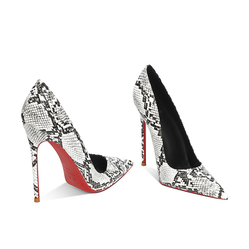 2026 Fashionable European and American New Style Black and White Snake Print High Heels Women's Stiletto Red Sole Elegant Socialite Commuting Work Shoes 2026 Fashionable European and American New Style Black and White Snake Print High Heels Women's Stiletto Red Sole Elegant Socialite Commuting Work Shoes