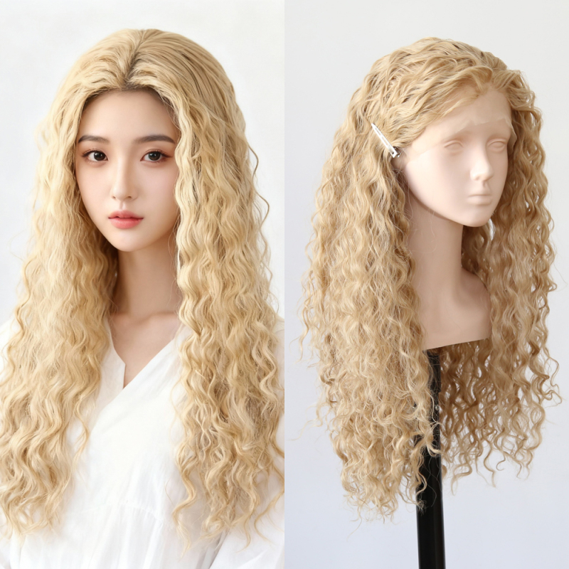 [in Stock] Mixed Golden Wool Curly Hand-Crocheted Front Lace Wig Braids Small Curls Melard Curls Hong Kong Style Wig