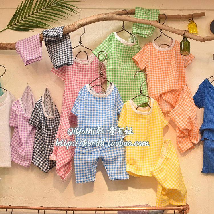 L2 Korea Import Tong Clothing Summer LINE Boy Girl Child Plaid Cotton Elastic Family in Indoor Clothing Pyjamas