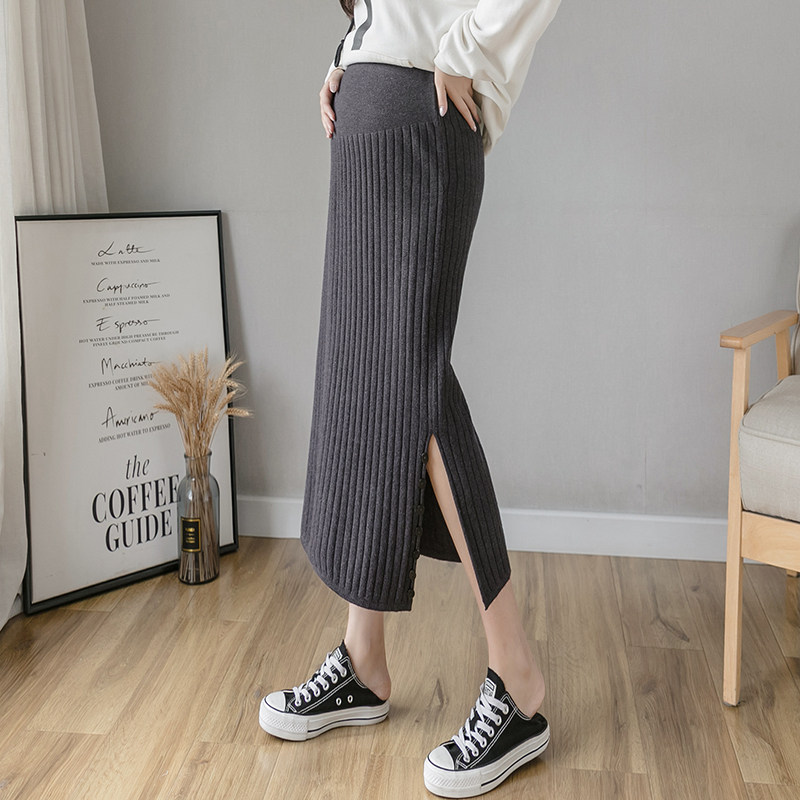 Pregnant Woman Skirt Autumn winter medium Long version Half Body Skirt Elastic Knit Black Outwear Fashion Large Size Open Fork Half Skirt