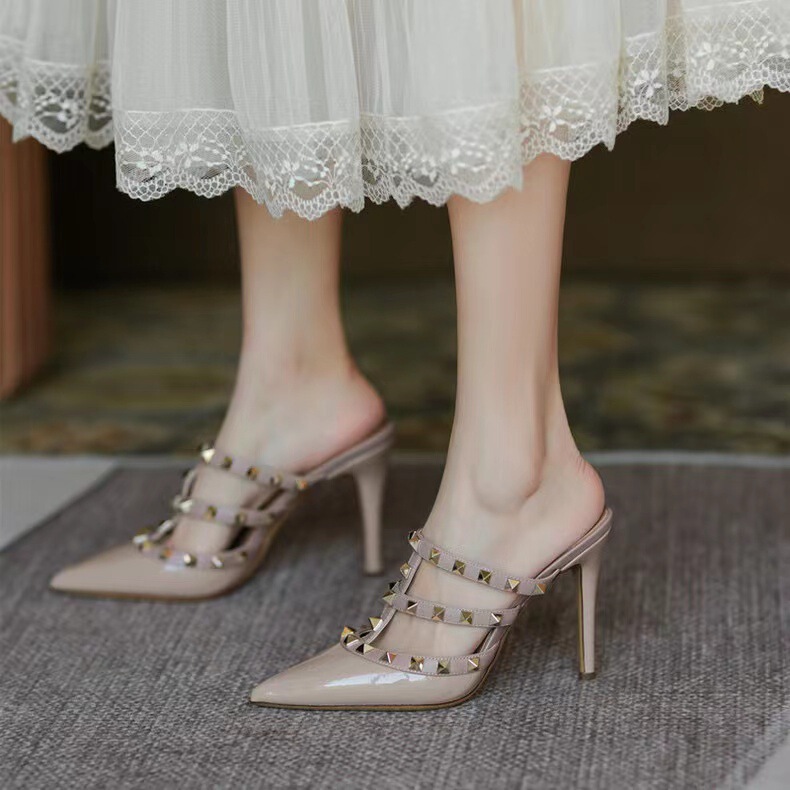 Rivet Nude High Heels, Stiletto Heels, 2026 New Style, Closed-Toe, Backless Roman Sandals, Women's Outdoor Summer Wear Rivet Nude High Heels, Stiletto Heels, 2026 New Style, Closed-Toe, Backless Roman Sandals, Women's Outdoor Summer Wear
