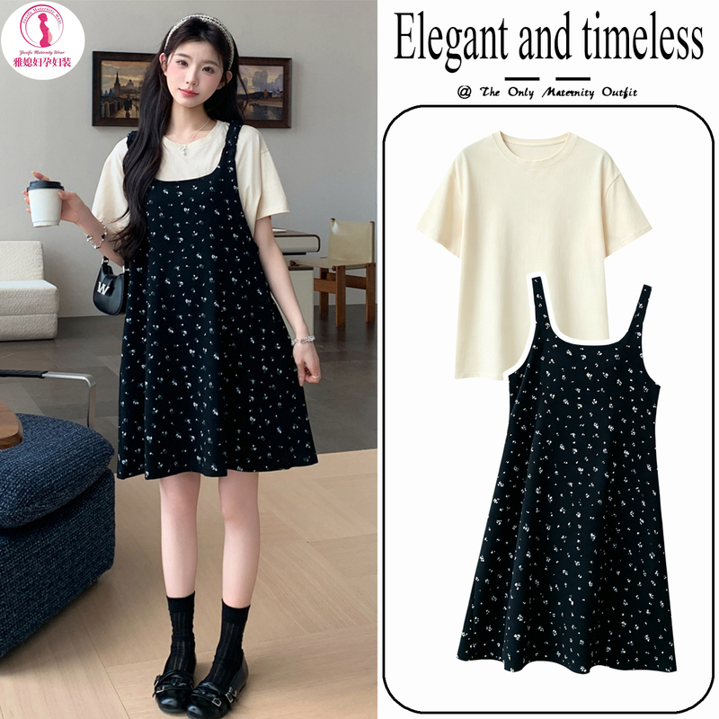 Maternity Suit Summer Outfit Trendy Mom Pregnancy Wear 2026 New Style Loose Top Belly-Covering Suspender Dress Two-Piece Set